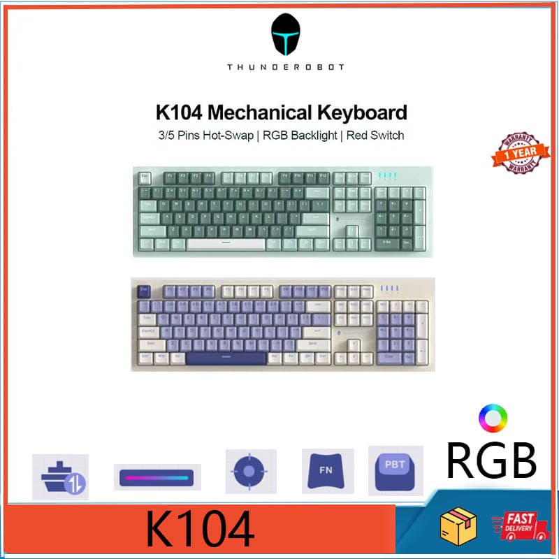 Thunderobot K104 K87 Teclado Mecânico com fio para Jogos com Teclado Mecânico com Interruptor de Chá Hot Swap Botão Vermelho Sem Chave PBT Rush RGB K87