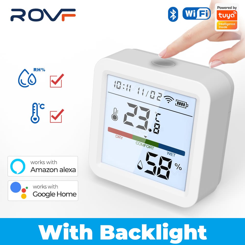 ROVF Com Luz De Fundo Tuya Wifi Sensor De Umidade De Temperatura Higrômetro Interior Detector De Termômetro Smart Life Controle Remoto Suporte Alexa Google Home