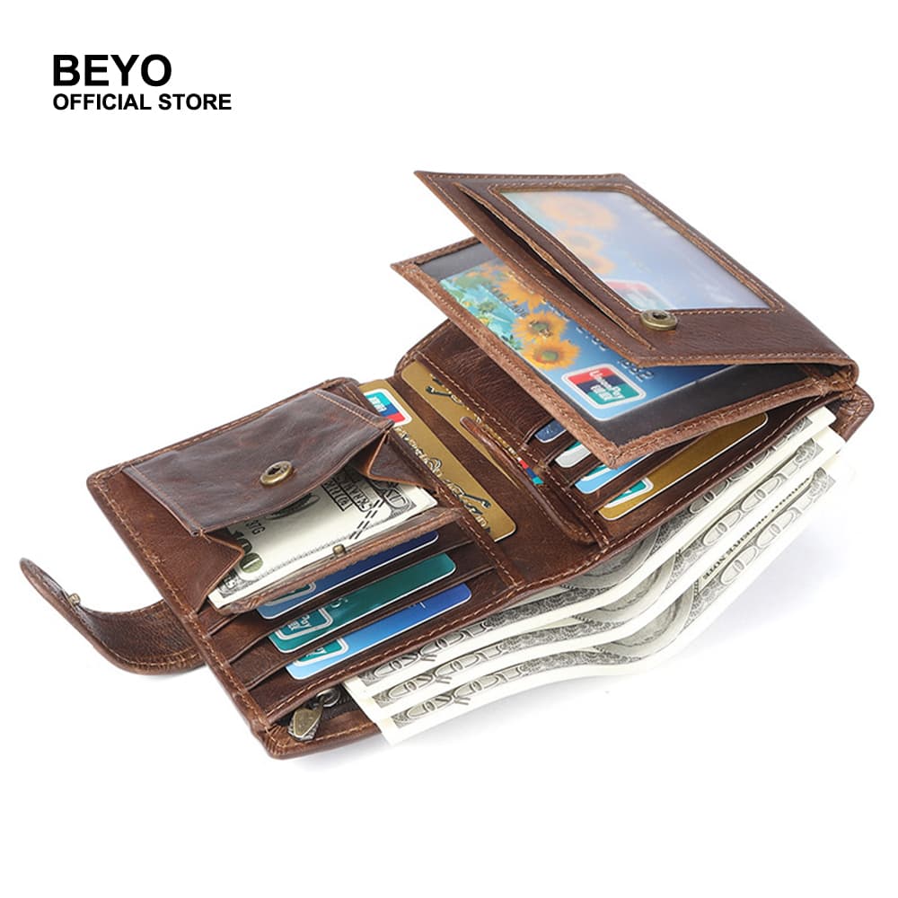 Carteira Multifuncional Vintage De Couro De Grão Superior RFID Com Três Dobras E Bolso Para Moedas Homens