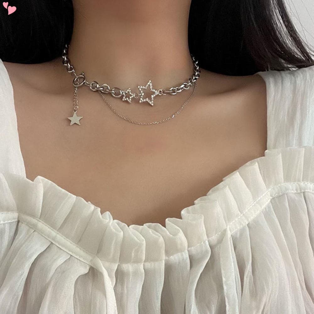 Y2K Colar De Duas Camadas De Zircônio Cinco Pontas De Estrela Retro Punk Tassel Pendant Para Fêmea