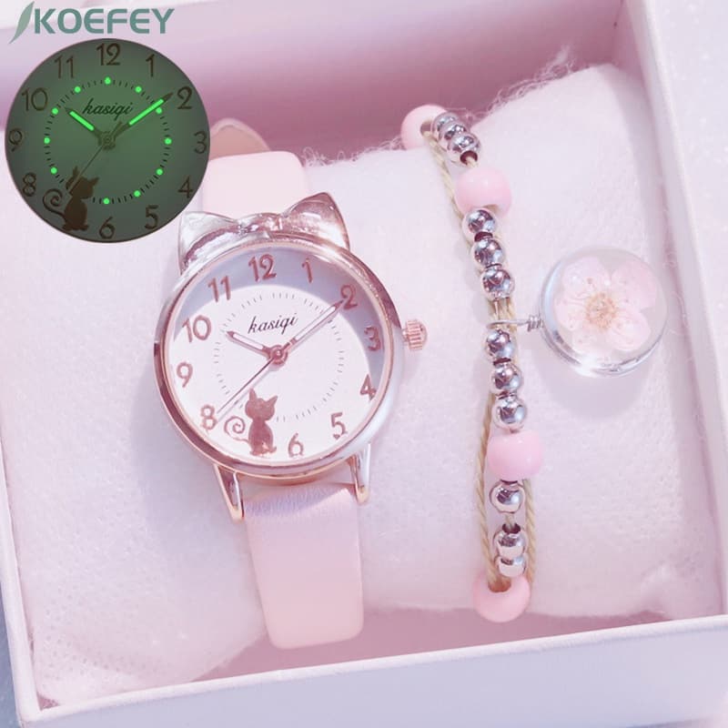 (Free Bracelet) Watch Para Crianças Meninas Meninos Relo Relógios De Pulso Relógio De Orelhas De Gato Presente Com Caixa