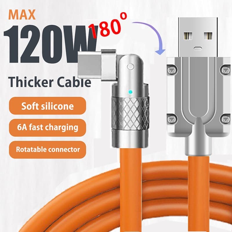 2 Metros 120W 6A Carga Super Rápida 180° Cabo De Silicone Líquido Rotativo Para Carregador De Jogos Móvel Tipo C Xiaomi