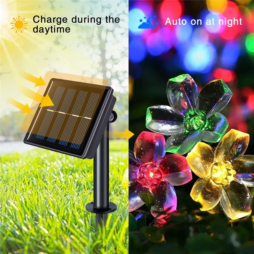 Luz Solar Garlands 7m 12m 22m Flor De Pêssego Lâmpada Power LED String Lights Garden Decoração De Casamento Para Exterior .