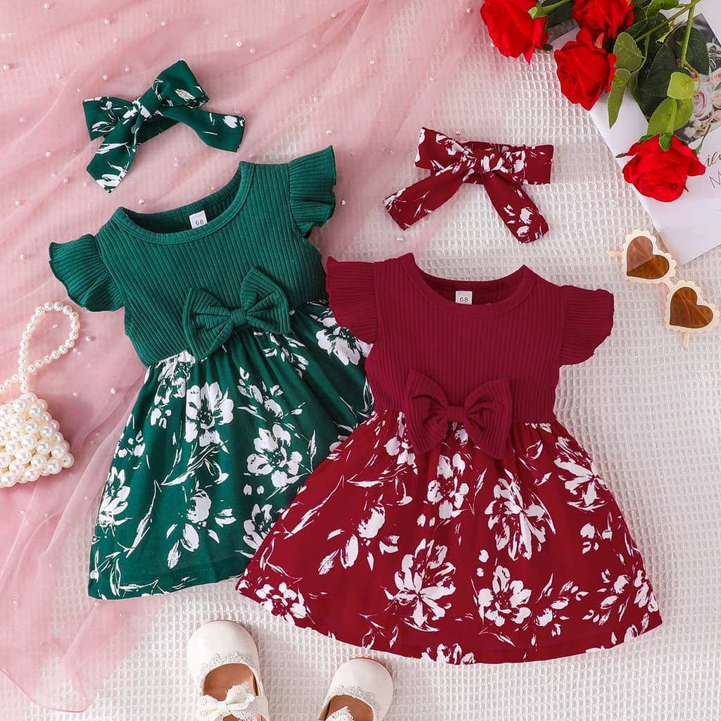 Vestido Bebê Menina 0 2 Anos Algodão Floral Laço Brinde Tiara Vinho Verde Batizado Eid Presente