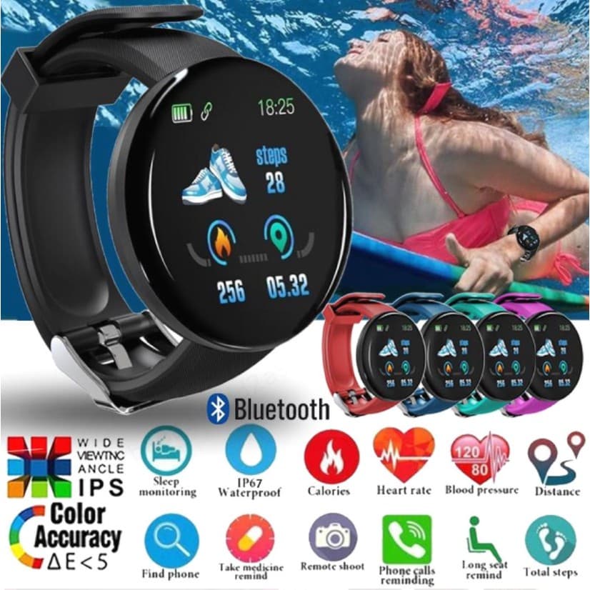 D18 Bluetooth Smart Shockproof Fitness Heart Rate Recording Watch Informação Lembrete Função De Alarme