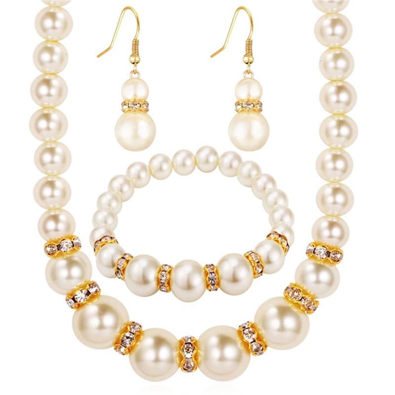 Colar Pulseira Brinco Três Peças Jóias Pérola Dama De Honra Vestido De Noiva Ocasião Formal Para O Banquete