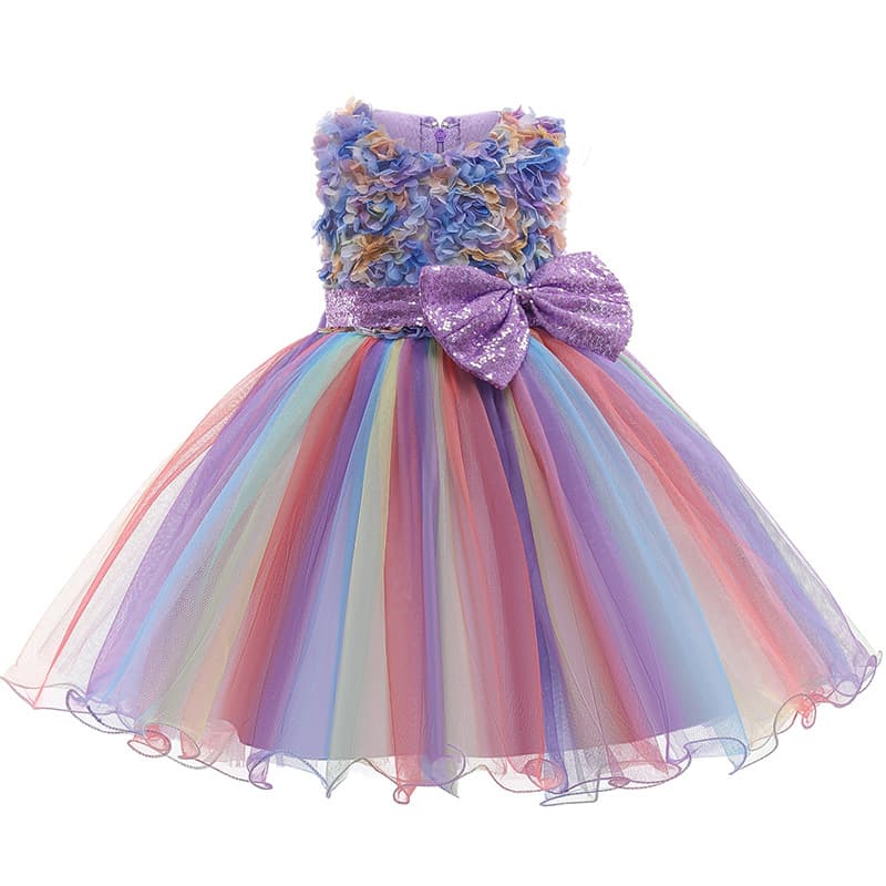 3-10 Anos Novas Flores Meninas Vestido De Princesa Verão Arco-Íris Malha Bebê Presente De Aniversário Roupas Infantis
