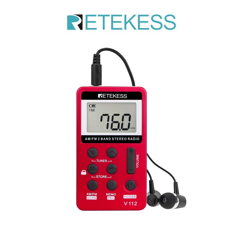Retekess V112 AM FM Rádio Mini receptor portátil de bolso pessoal com bateria recarregável e fone de ouvido (ouro / verm