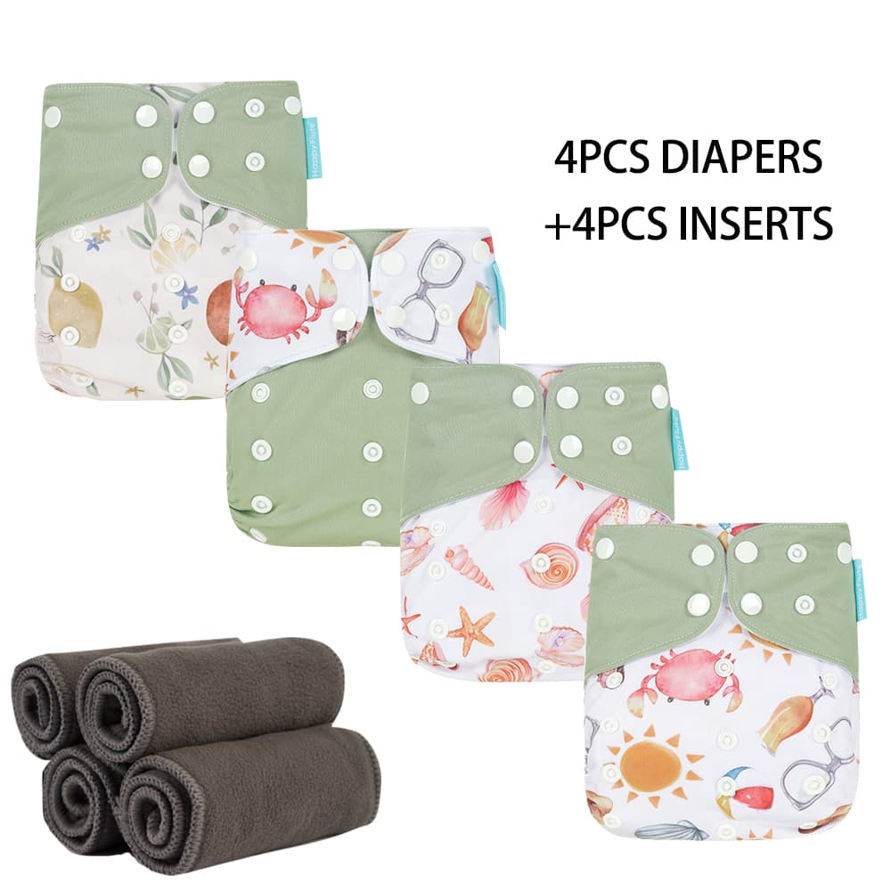 HappyFlute Fraldas Ecológicas Para Bebês Laváveis Ajustáveis E Reutilizáveis Meninas Meninos 4pcsDiaper + 4pcs Inserts