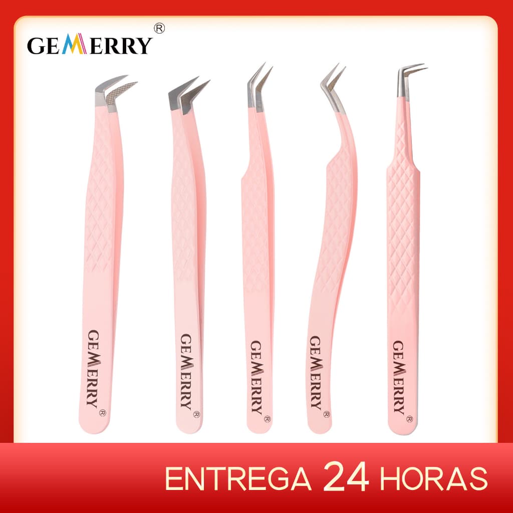 Gemerry Pinça De Aço Inoxidável Rosa Extensões De Cílios Antiestática De Alta Precisão Com Pontas De Fibra Ferramentas
