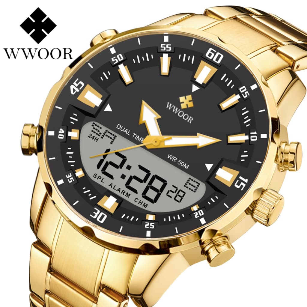 WWOOR 2023 Novo Relógio Masculina De Moda Esportes Cronômetro Digital Glow Chronometer Aço Inoxidável Banda Ouro Quartzo À Prova D'água 8890-1