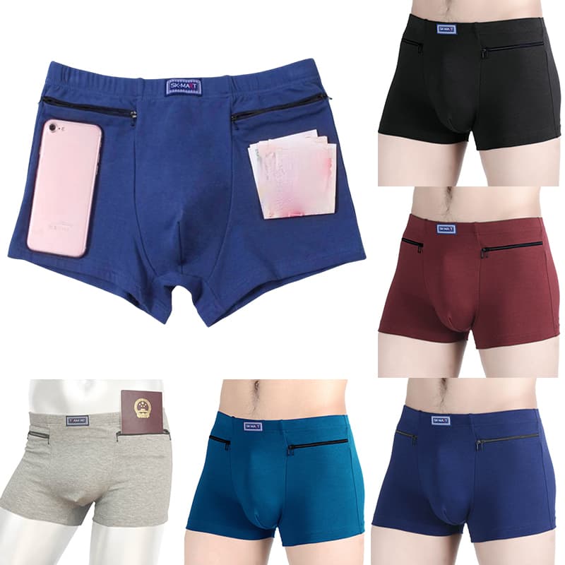 Cueca De Algodão De Bolso Duplo Masculino Boxer Anti-Roubo