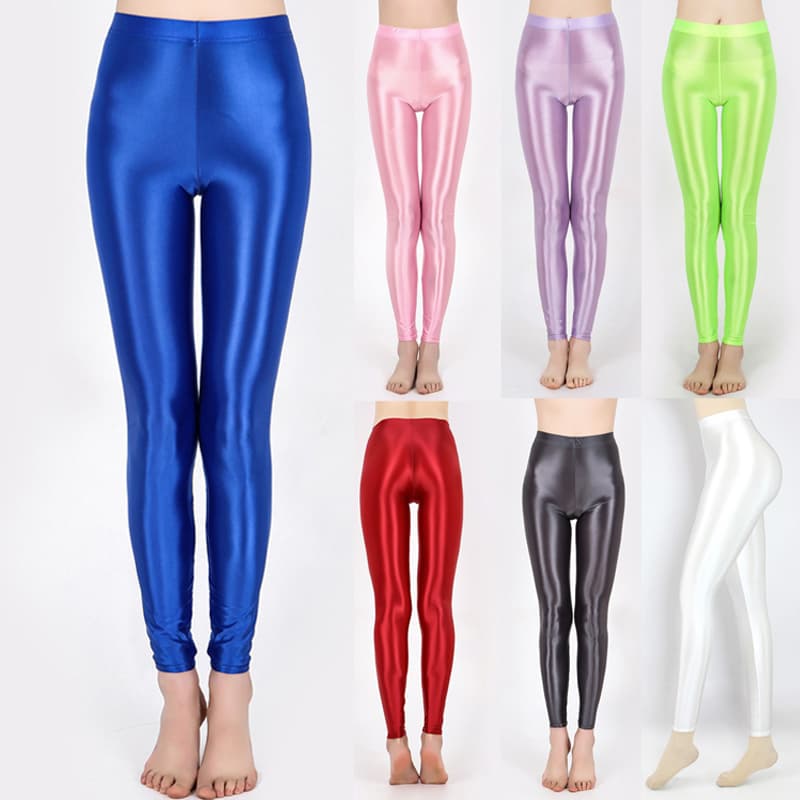 Leggings Femininos Brilhantes Cor Sólida Feminina Sem Costura Skinny Fino Comprimento Total Do Tornozelo Calças Elásticas