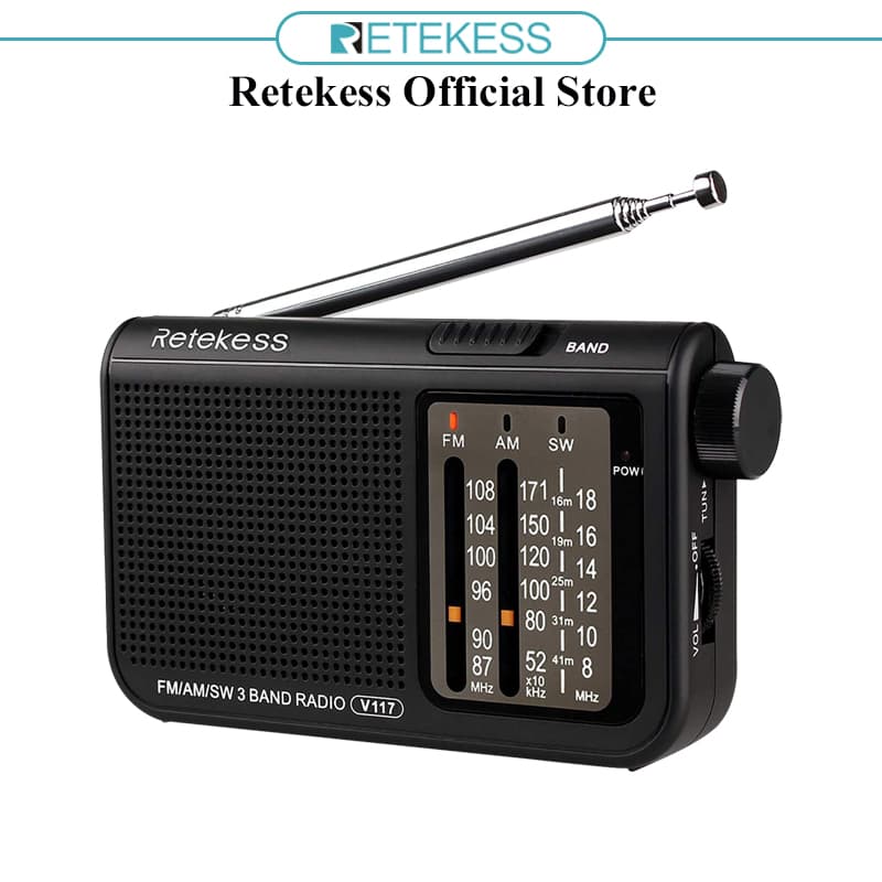 Rádio FM AM SW Portátil Retekess V117 Para Idosos Com Botão Ajustável (Preto)