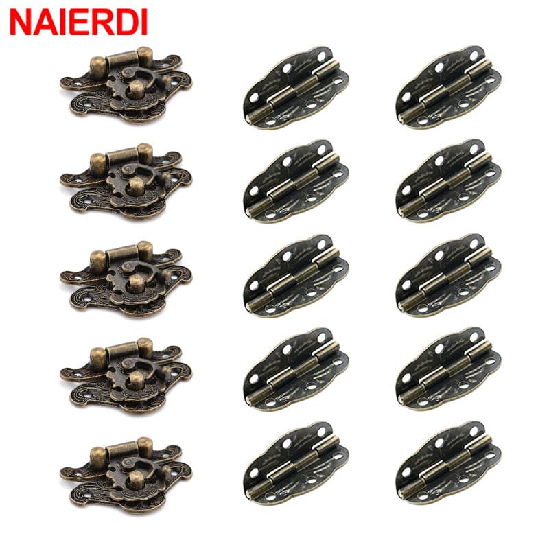 NAIERDI 5PCS Móveis De Bronze Caixa De Ferragens Hasp Fechaduras + 10PCS Dobradiças Decorativas De Gabinete Jóias De Borboleta Madeira