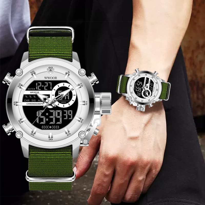 WWOOR Relógio Masculino Multifuncional Esportivo De Quartzo Militar À Prova D'água Correia De Nylon 8882M