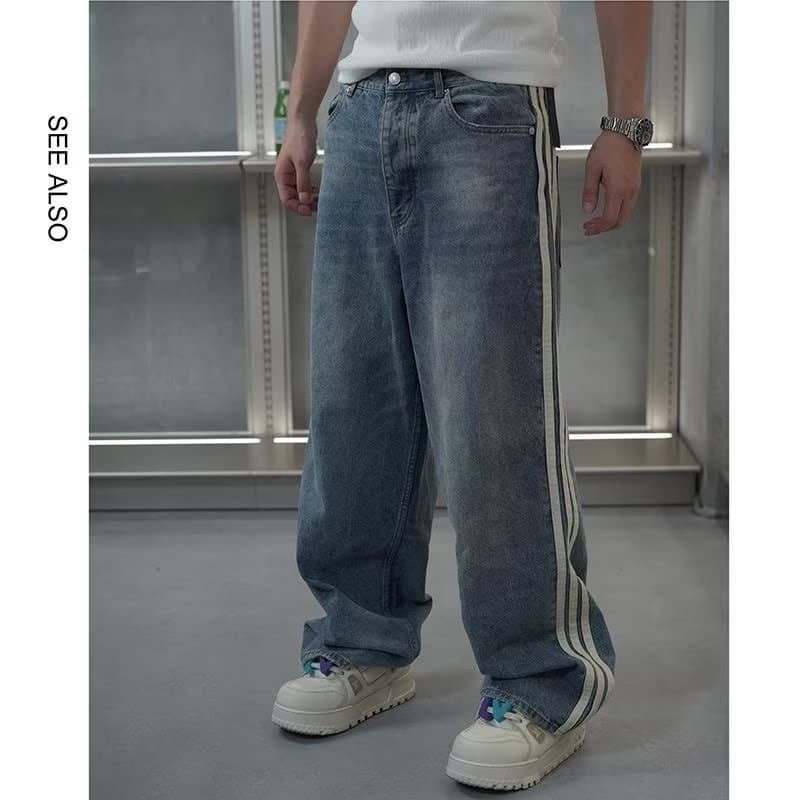 Calça Jeans listrada lateral masculina S-3XL solta reta perna larga Casual calça reta perna larga