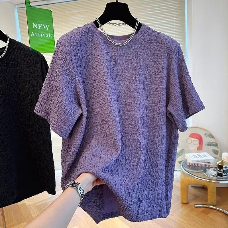 Camiseta masculina texturizada de meia manga 3 cores M-3XL Casual Seersucker Top Casual cor sólida suéter preguiçoso