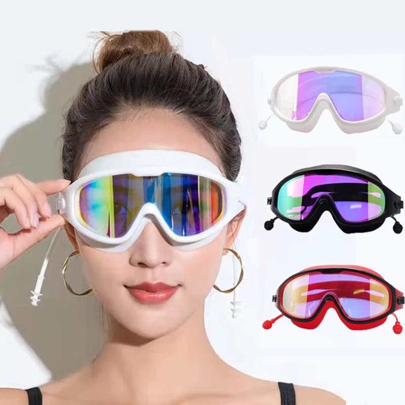 Óculos De Natação De Armação Grande Design De Moda , HD À Prova D'água Com Tampões De Ouvido Multicoloridos Para Todas A