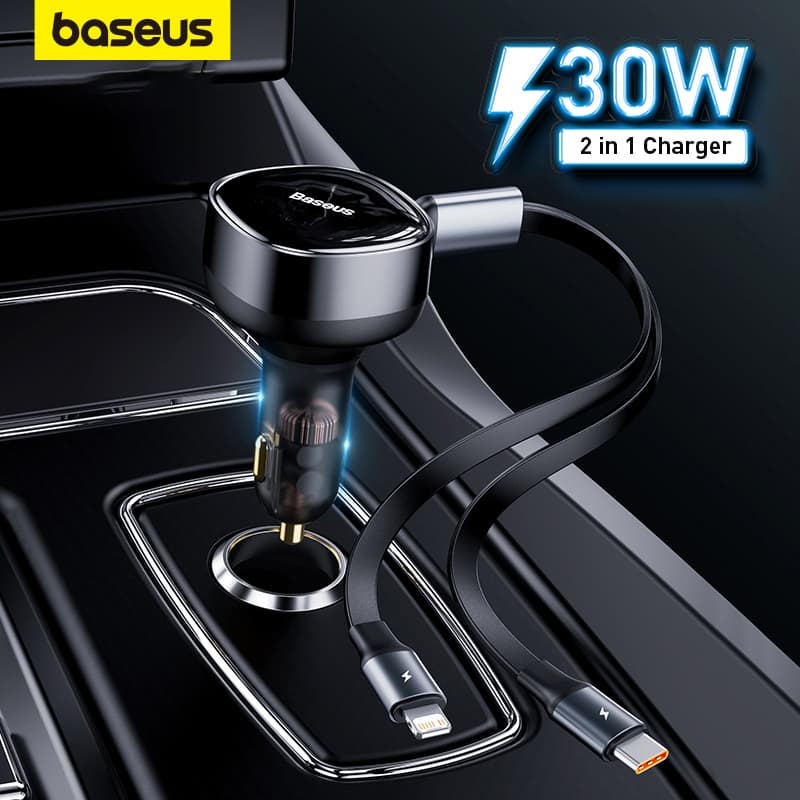 Carregador De Carro Baseus 30W 2 Em 1 Cabos De Carregamento Rápido Retrátil Duplo Embutidos