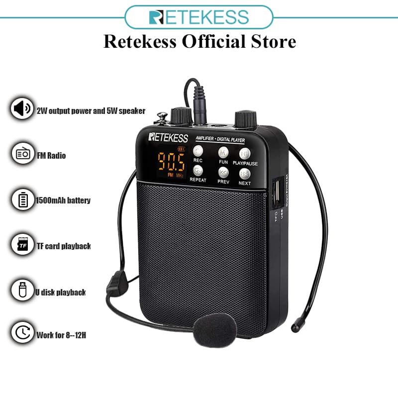 Retekess TR619 Megafone Portátil Gravação FM Amplificador De Voz Professor Microfone Alto-Falante Com Tomada De Cartão U