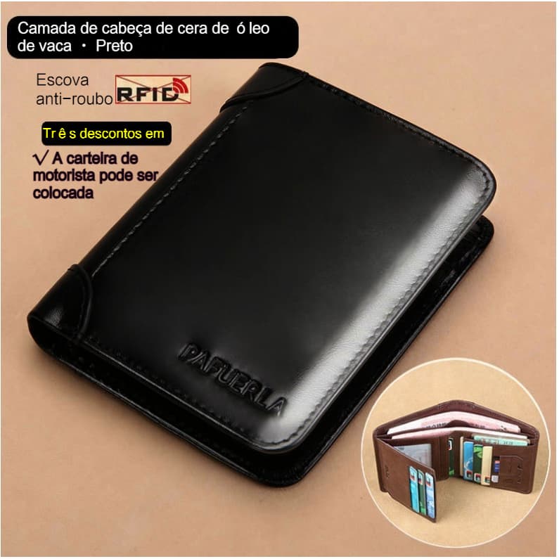 Carteira de couro vertical masculina RFID com escova anti-roubo de três dobras