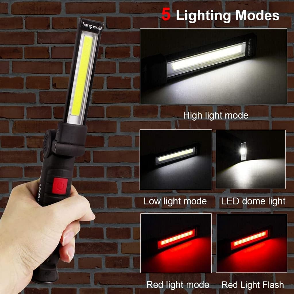 Nova Lâmpada de Trabalho Recarregável, Luz de LED com Suporte Magnético e Rotação de 360°, 5 Modos de Lanterna COB