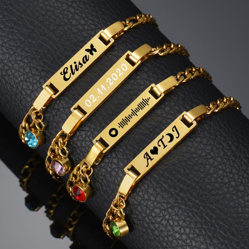 Personalizado Gravado Data Nome Pulseira De Corrente Do Bebê 12 Cores Pedra De Aniversário Aço Inoxidável Crianças Pulse
