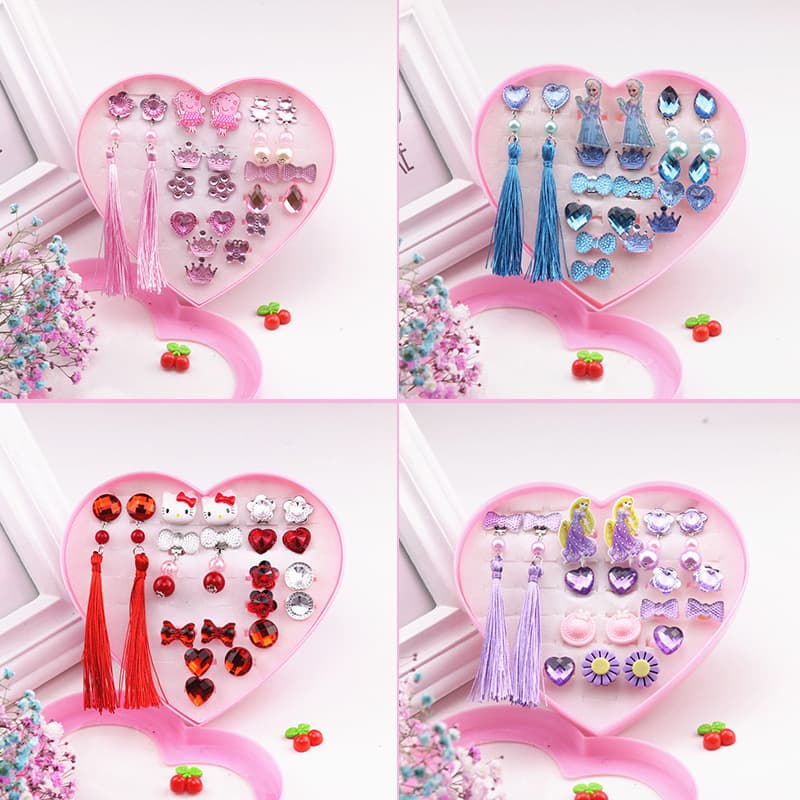 Meninas Princesa Brincos Anéis Clipes De Orelha Conjunto Earstuds Com Amor Caixa De Presente