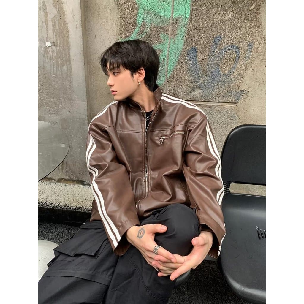 Jaqueta de couro listrada masculina 2 cores M-2XL jaqueta de couro marrom listrada início do outono 1 jaqueta curta pequ