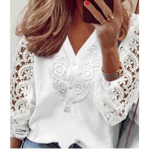 【Entrega 24 horas】Blusa Feminina Elegante De Manga Longa Borboleta Impressão Com Rufos E Blusas De Renda Branca Vestuário Social