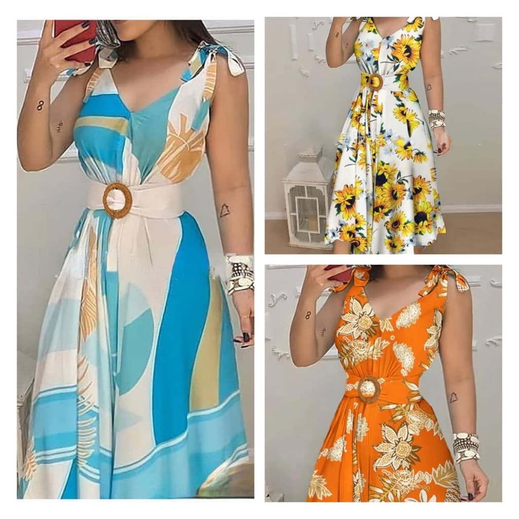 Cinto De Baloiço Floral Longo Boho Impressão Feminino Sem Manga V Vestido De Pescoço
