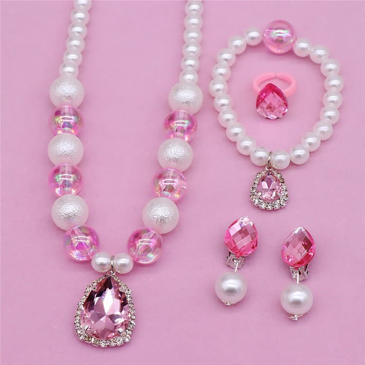 5 Pçs Por Conjunto Conjuntos De Jóias Para Meninas Colar De Pérolas Anéis De Diamante Vestido De Princesa Pulseira Dança