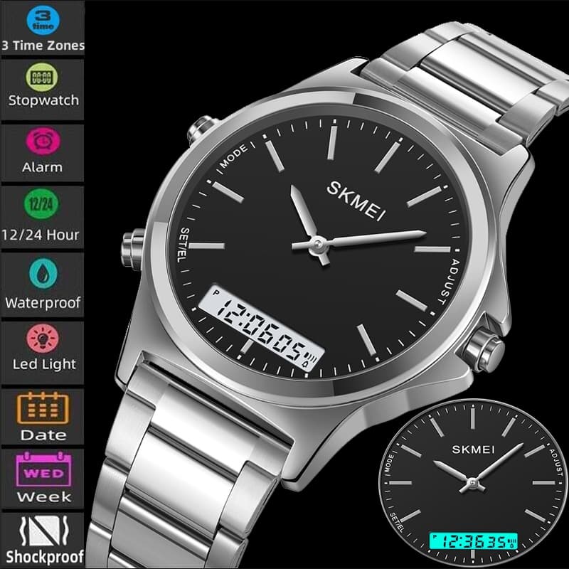Skmei Três Fusos Horários Relógio De Quartzo Para Homem Bracelete De Aço Inoxidável De Luxo 3 ATM Cronógrafo Digital Esportivo Pulso Moda Pulseira Masculina