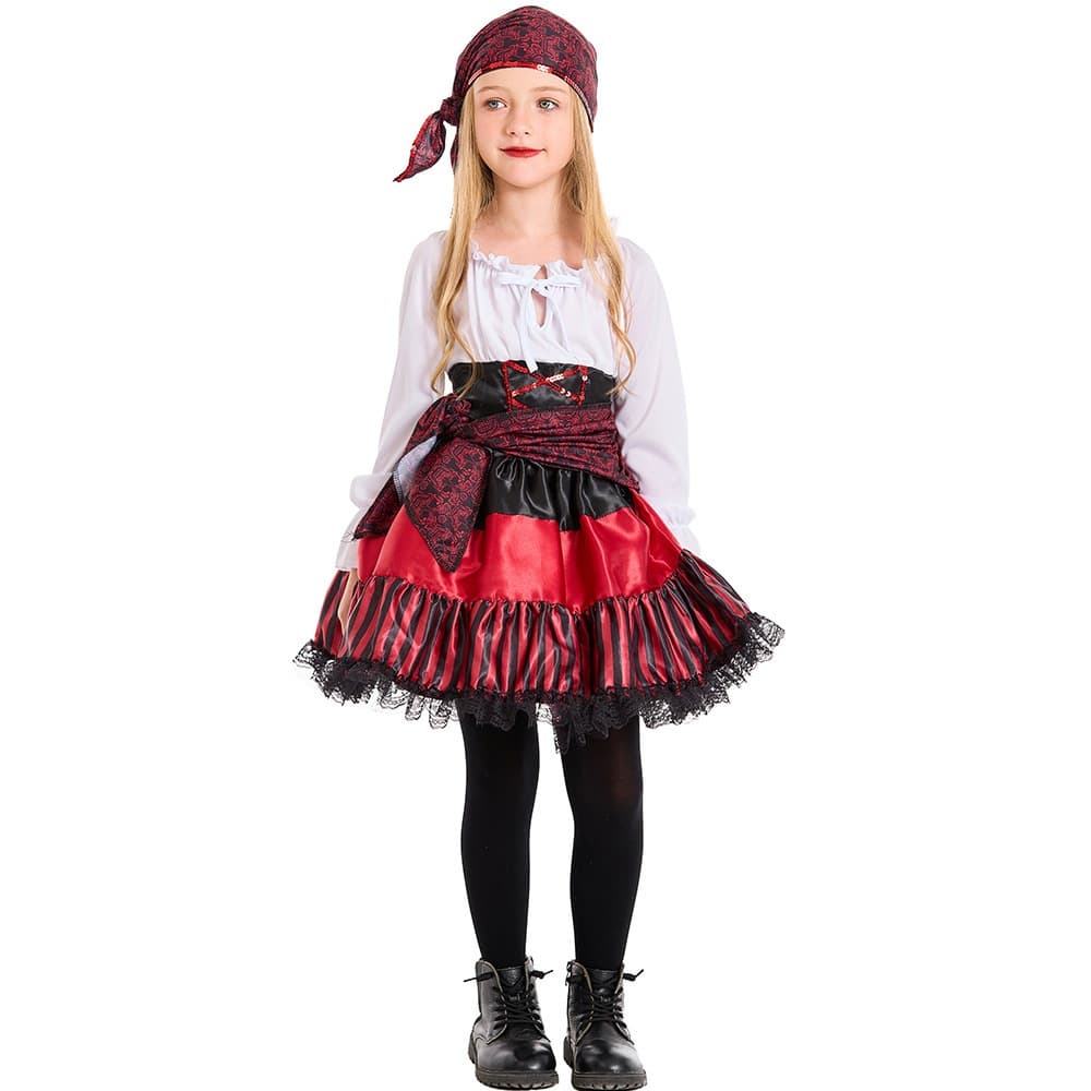 Feminino Pirata cosplay Desempenho Terno Com Listras Vermelhas E Renda Meninas Crianças Vestido + Lenço De Cabeça