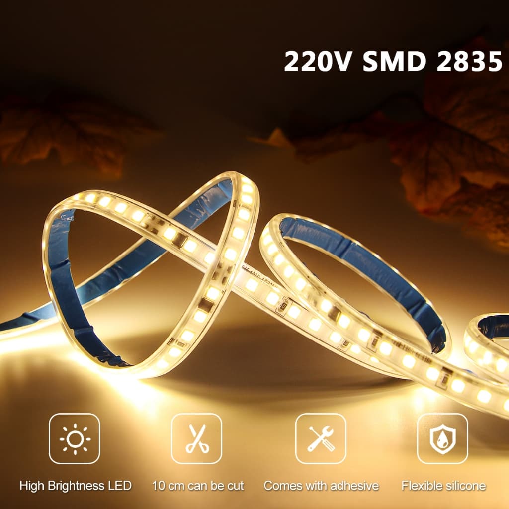 220V LED Strip Light 2835 SMD 120LEDs/m Fita Flexível Branca Quente À Prova D'água Para Decoração De Casa Interna E Exte