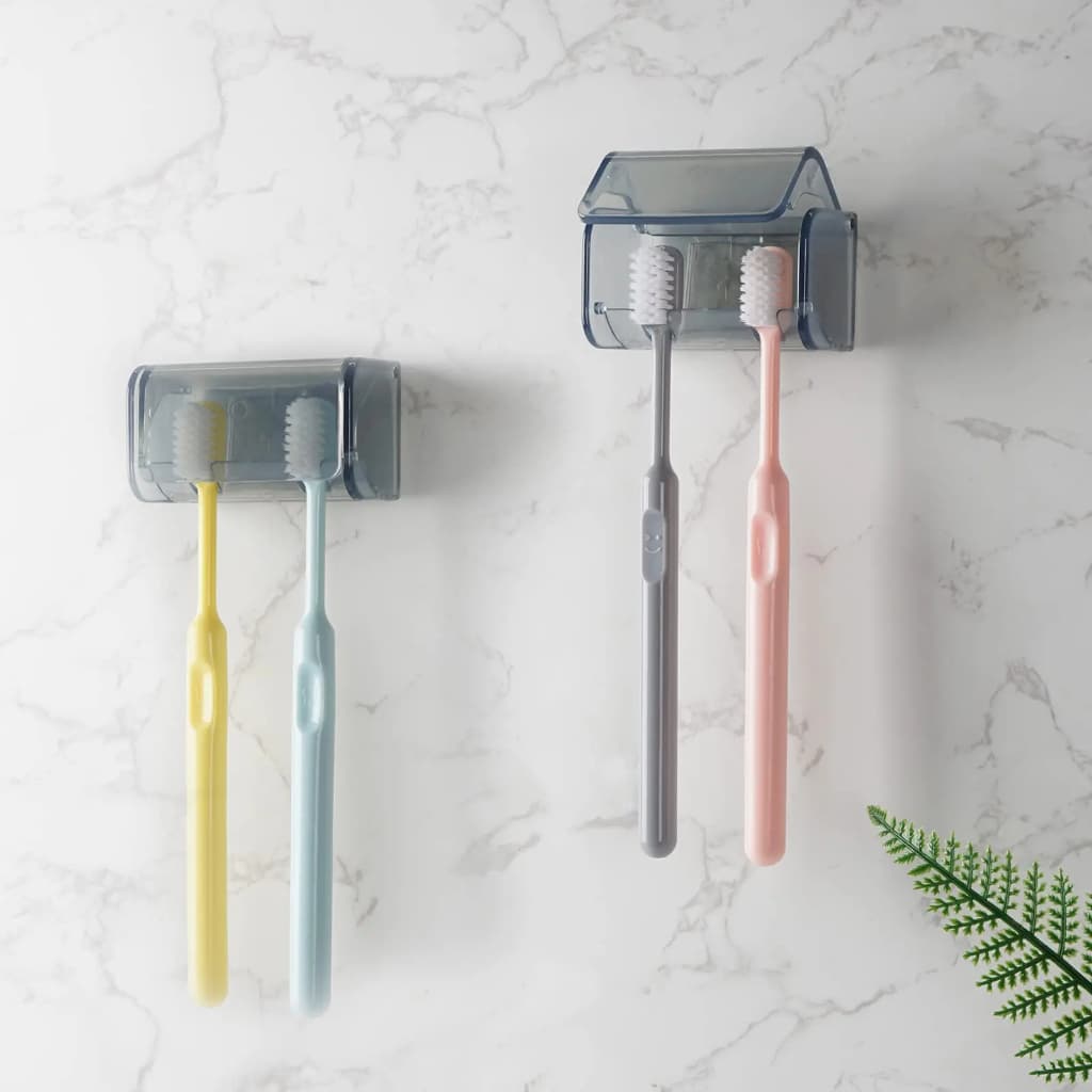 Suporte Para Escova De Dente Montagem Na Parede Com Tampa 2 Slots Organizador De Armazenamento Ducha Auto-Adesivo