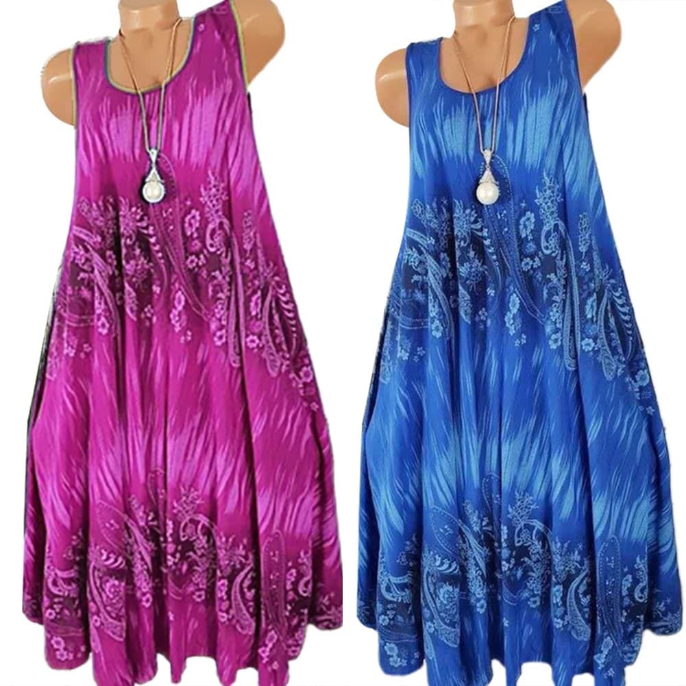 Vestido De Verão Floral Feminino Com Pescoço Redondo Sem Mangas E