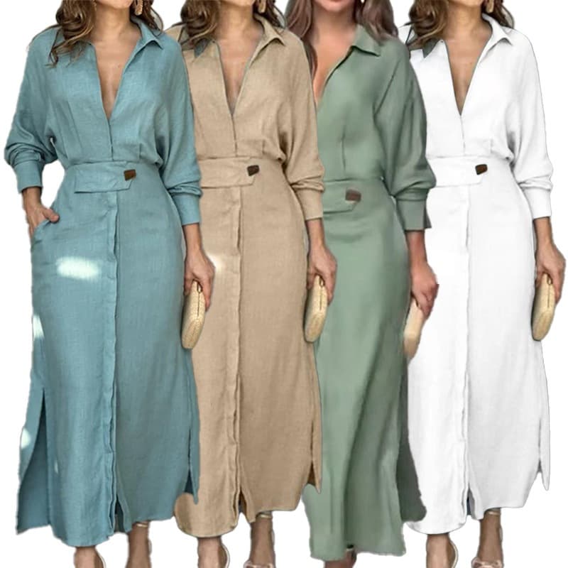 Elegante Vestido Fino De Manga Longa Cor Sólida