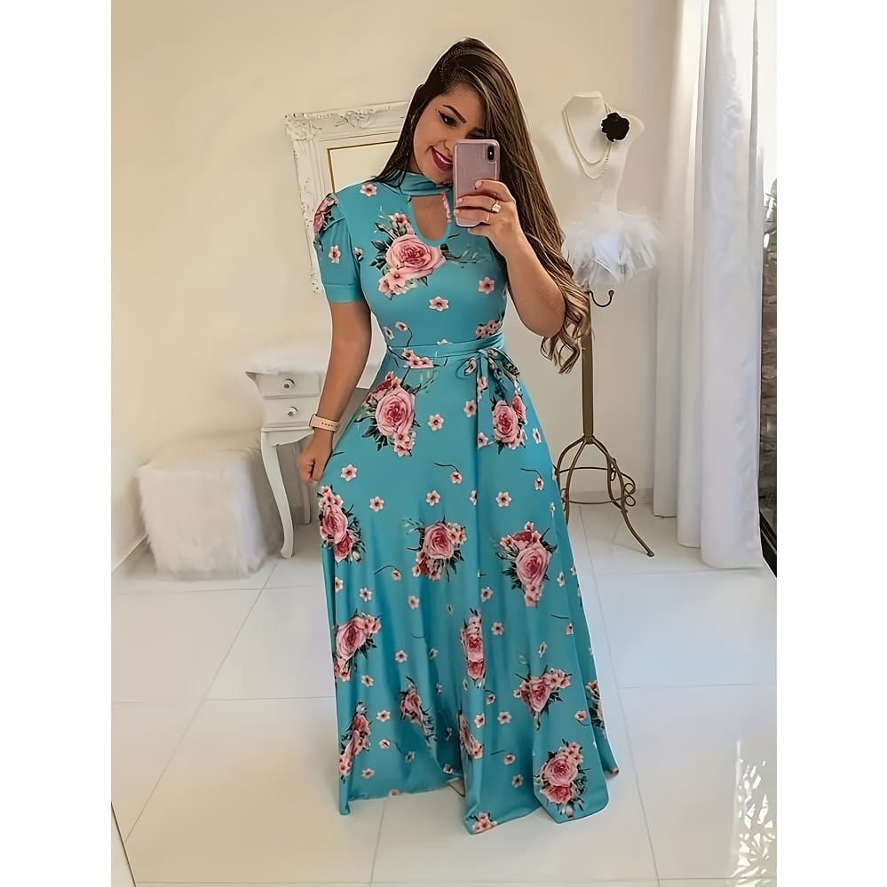 Vestido Floral Feminino De Cintura Alta Pregueada Impressão De Manga Curta Maxi