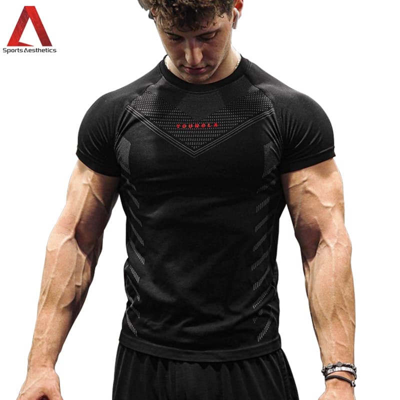 Camiseta Esportiva Fitness Homem Ginásio Músculo Apertado Top De Manga Curta