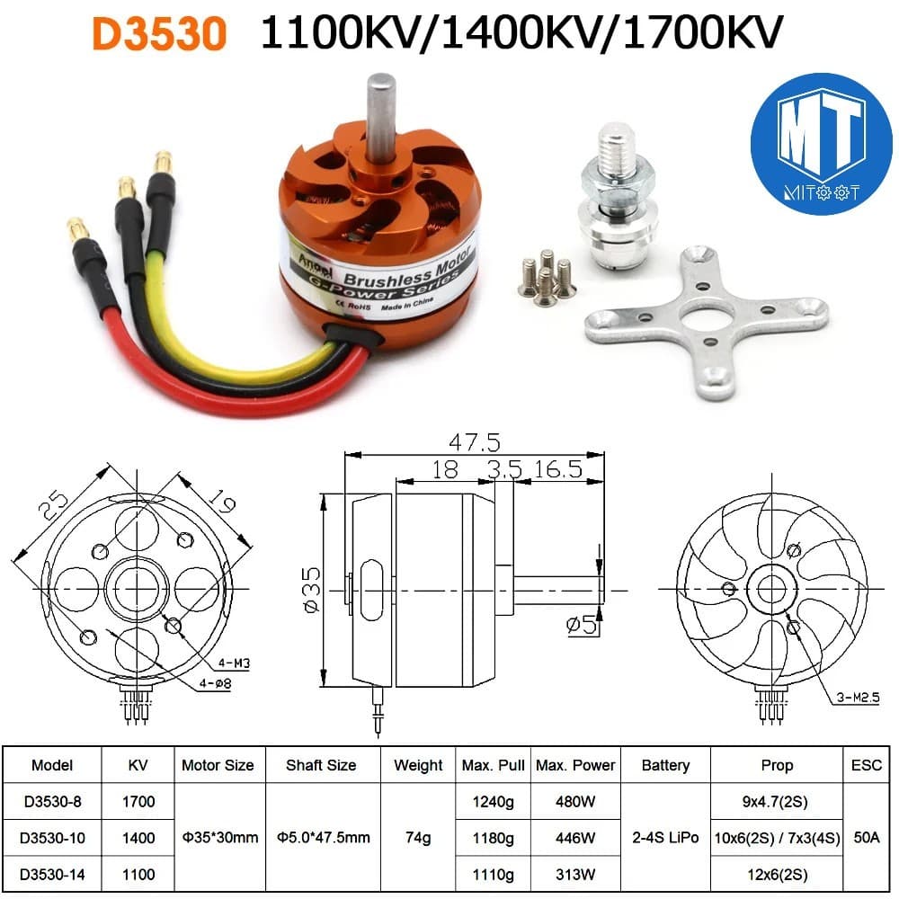 D3530 1100KV 1400KV 1700KV Motor Brushless Outrunner Para Mini Multicópteros Helicópteros De Avião RC