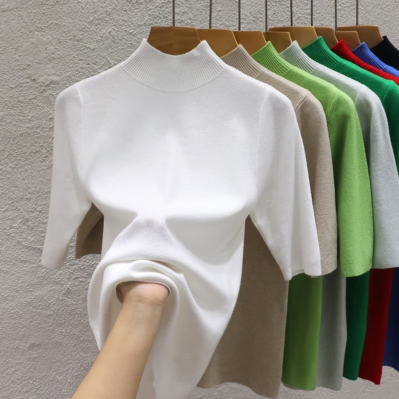 Camisa de gola rulê de gola rulê Camisa de malha feminina de manga média