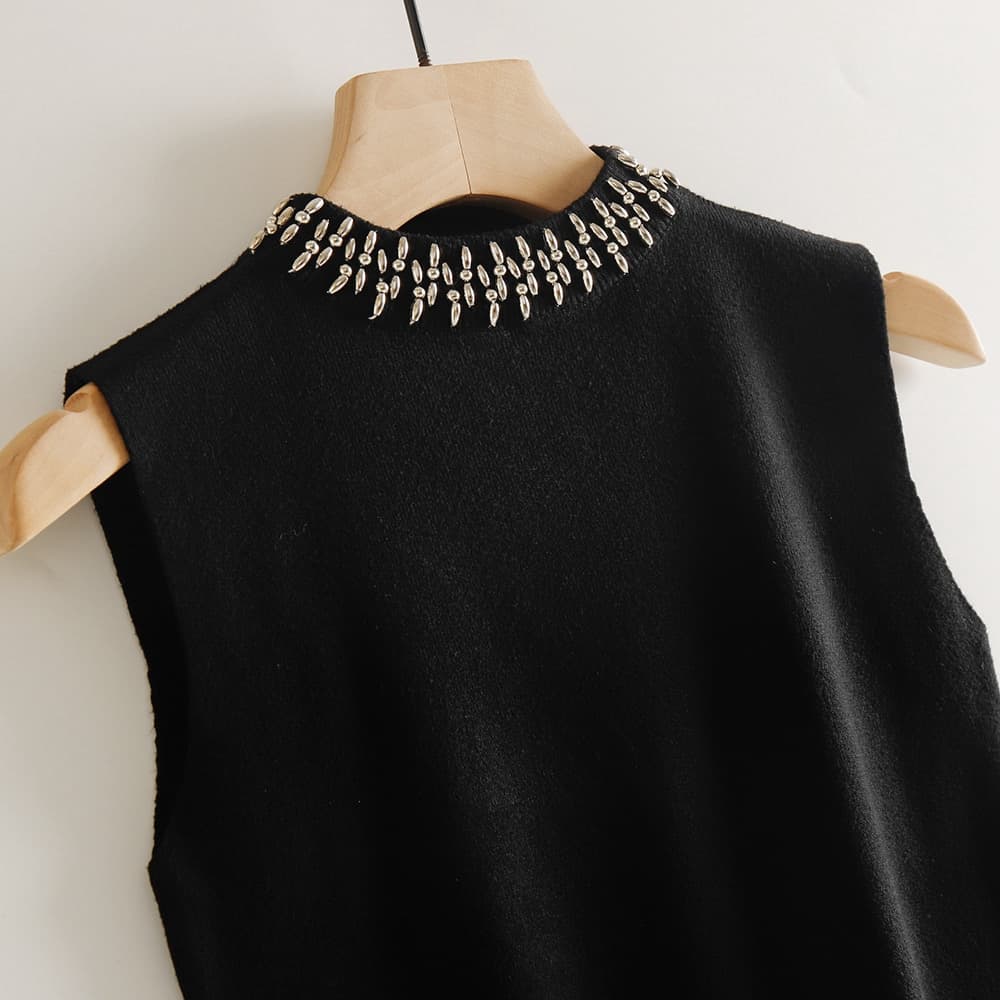 Colete de gola rulê de meia gola alta feminino de malha com contas Bottoming Slimmer Look Top