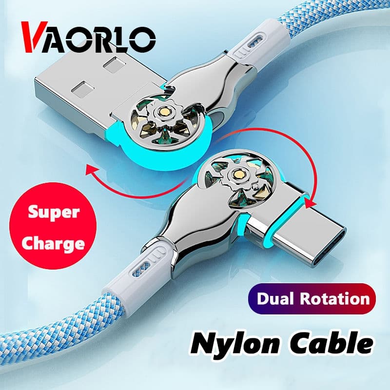 VAORLO 180 ° Cabo De Carga Tipo C De Rotação Super Chager USB Para Portas Duplas Linha De Nylon Xiaomi Huawei Charge