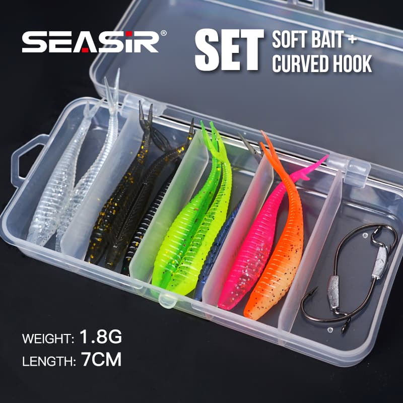 SEASIR Conjunto De Isca Macia , 10 Peças 2 Ganchos Curvos , 8 Cores , 1.8G , 7CM , Caixa Grátis , De Pesca