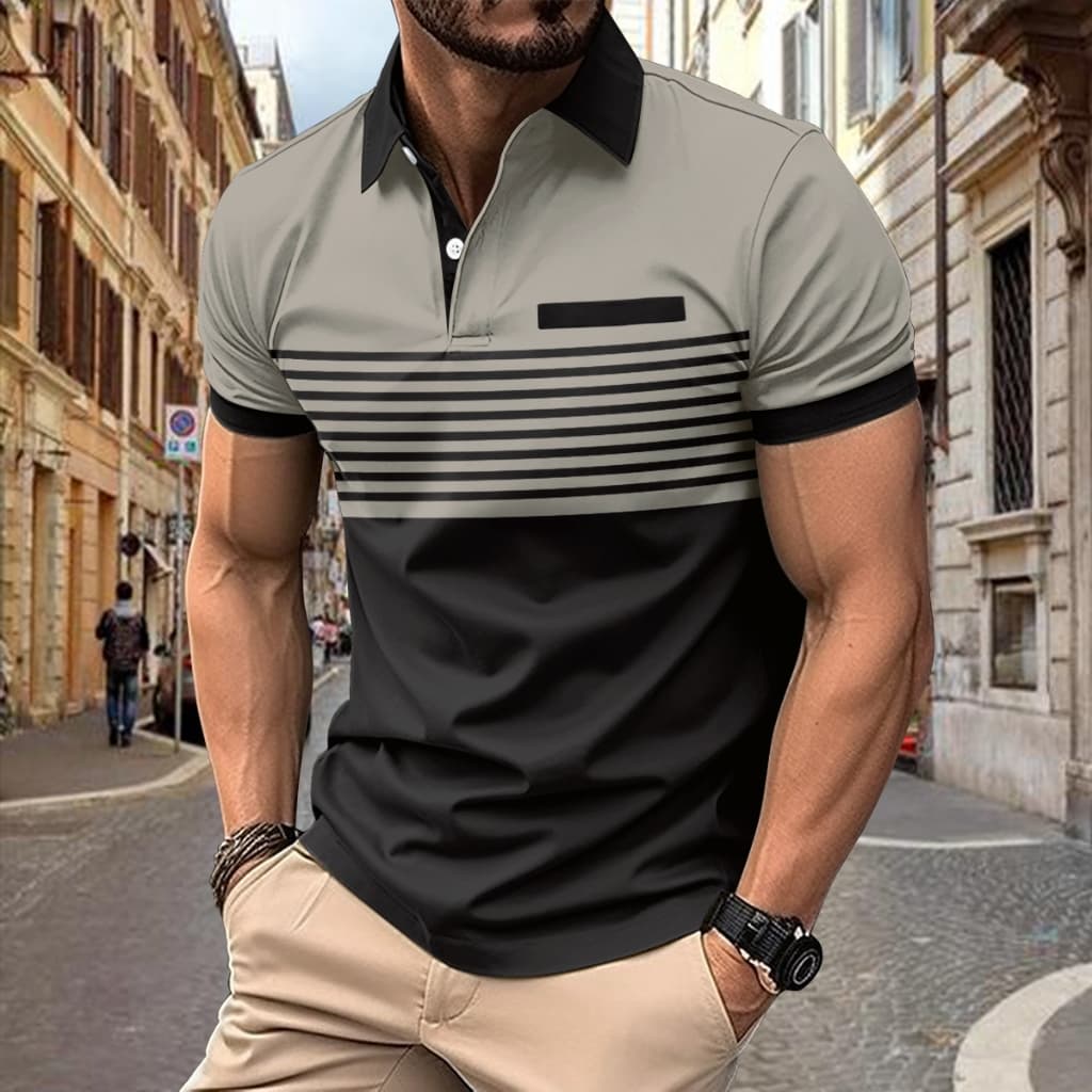 Camisa POLO Impressa Digital Impressa com Botão de Listras Lapela com Manga Curta Pullover de Golfe