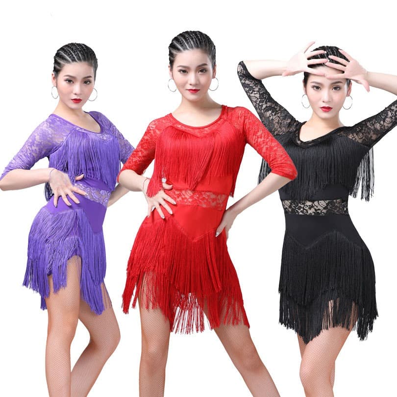 Dança latina franjas saia de manga média rendas traje de dança desempenho traje franjas saia de dança amizade traje de d