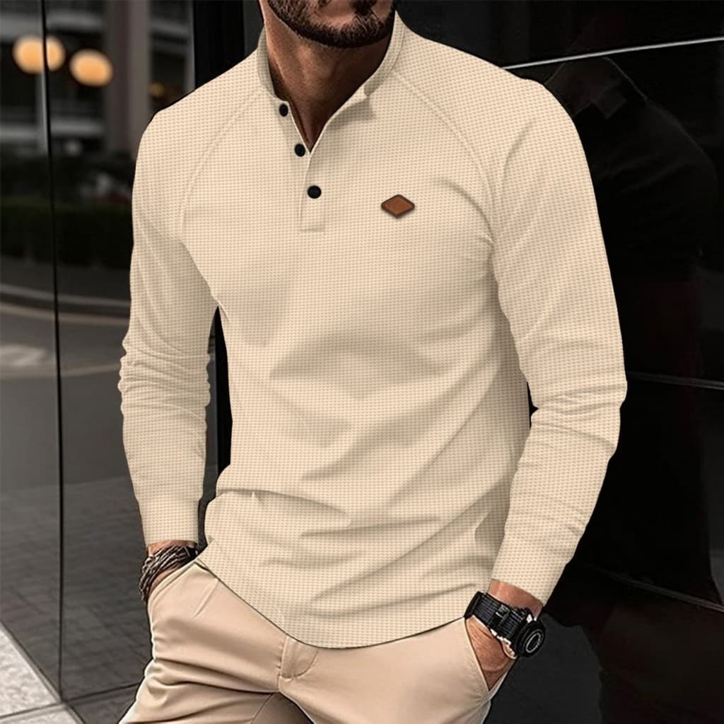 2024 Novo Estilo Waffle Tecido Waffle Masculino Manga Longa Henry Colarinho Logotipo Botão Design Top POLO Camisa Pullover