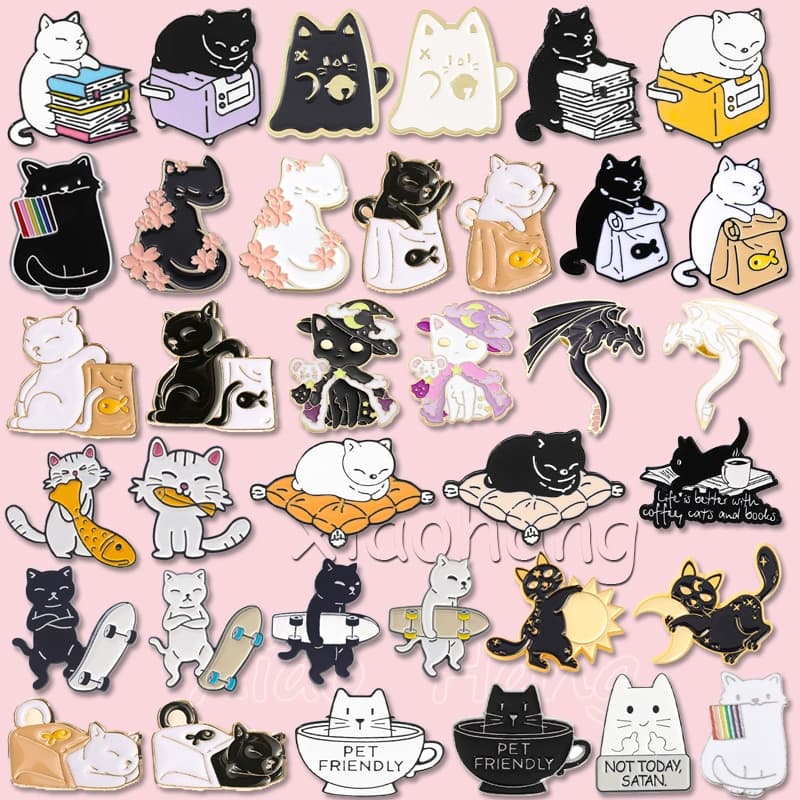 100 Estilos Bonito Engraçado Gato Esmalte Pino Animal Broches Dos Desenhos Animados Dinossauro Urso Gatinho Broche Gatos
